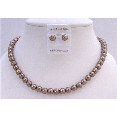 NS216 Bridal Bridemaids Jewelry Bronze Brown Pearls Necklace w/ Stud Earrings