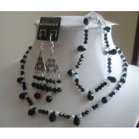 NSC138 Authentic Jet Swarovski Crystals AB Crystals Necklace Set w/ Bracele