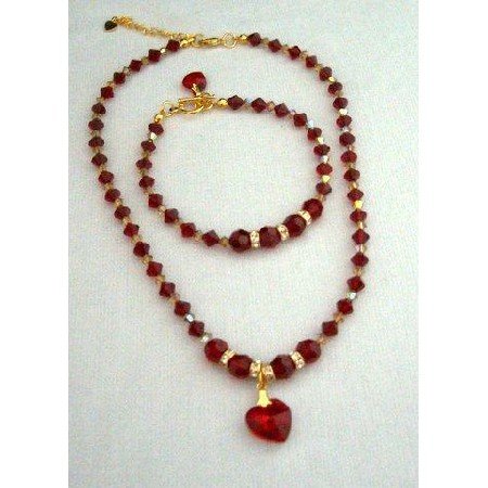 NSC208 Genuine Swarovski Siam Red Crystals Heart Pendant Necklace & Bracelet Handmade