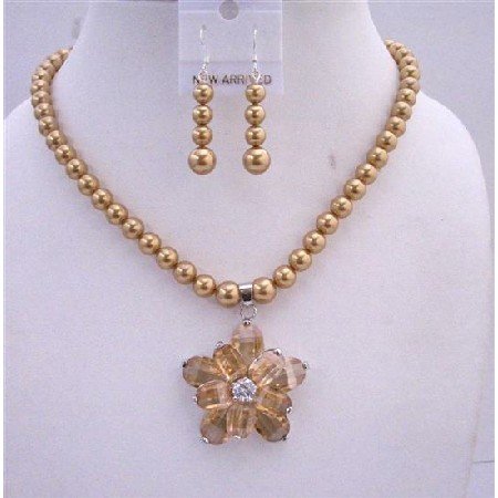 NSC238 Golden Tone Necklace Set Genuine Golden Pearls & Topaz Crystals w/ Flower Pendant