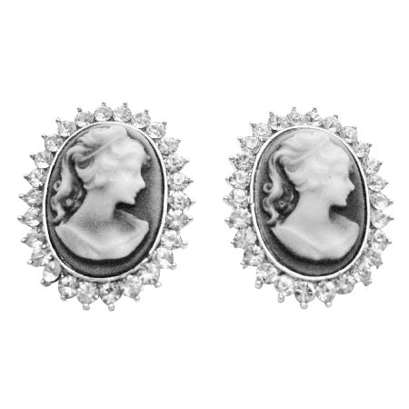 ERC662 Great Deal On Antique Vintage Cameo Earrings With Sparkling Diamante