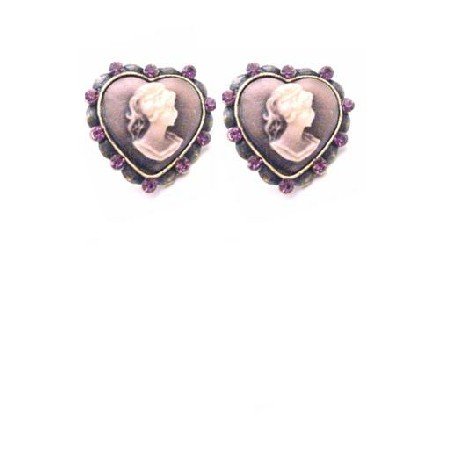 ERC670 Choose Quality Cameo Jewelry Heart Shaped Cameo Earrings W/ Amethyst Crystals