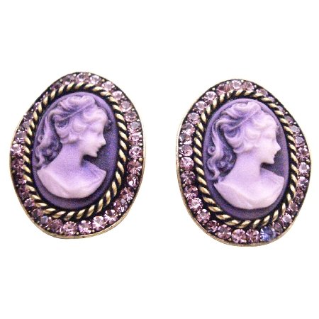 ERC669 Amethyst Crystals Cameo Antique Purple Framed W/ Cameo Potrait Earrings