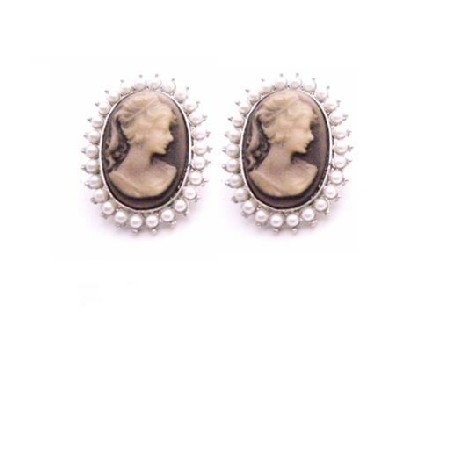 ERC671 Dainty Delicate Very Traditional Cameo Earrings Decorated W/ Pearls