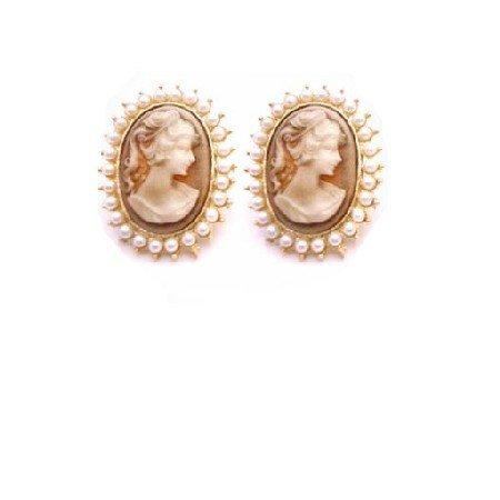 ERC672 Gold Framed Cameo Potrait Earrings Surrounded With White Pearls