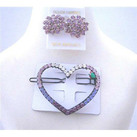 HA189 Heart Hair Barrette Ametheyst Crystals Barrette w/ Crystals Earrings