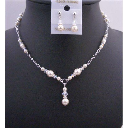 BRD675 Custom Bridal Jewelry Ivory Pearls AB Crystals Drop Down Necklace Set