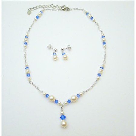 BRD788 Handmade Jewelry Genuine Swarovski White Pearls Sapphire Crystals Set