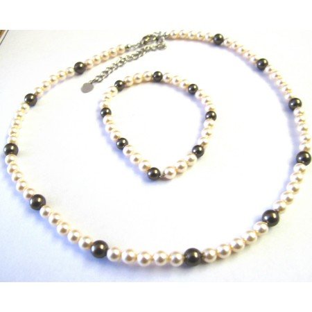 BRD450 Flower Girl Swarovski Pearls Jewelry Ivory & Brown Swarovski Pearls Necklace & Bracelet