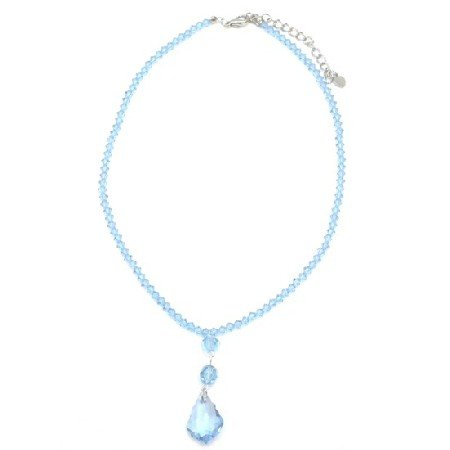 BRD883 Prom Necklace Swarovski Crystals Briollette Pendant Aquamarine Beads