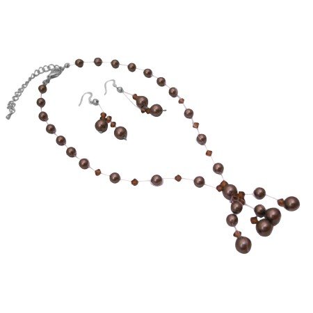 BRD630 Bridemaides Brown Pearls Smoked Crystals Custom Bridal Jewelry Set w/ Drop Tassel