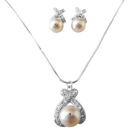 BRD972 Genuine Swarovski Ivory Pearls 10mm Pendant Earrings Jewelry Set