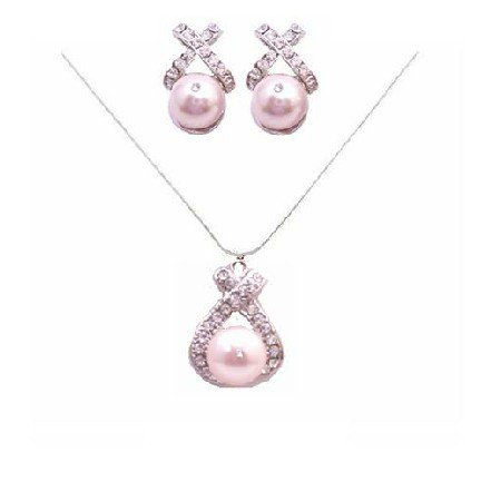 BRD821 Rose Pink Pearls Swarovski Pearls Jewelry Set Pendant and Earrings Set