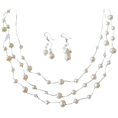 BRD843 Three Stranded Silk Thread White Pearls w/Clear Crystals Bridal Bridemaids Jewelry Set