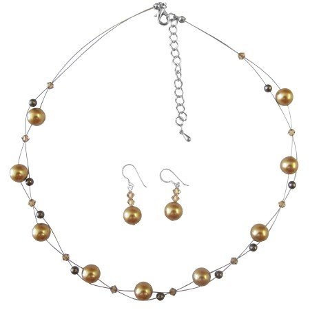 BRD055 Harvest Gold Brown Pearls & Lite Colorado Crystals Bridal Jewelry