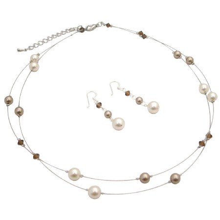 BRD159 Illusion Bridesmaid Bronze Cream Pearls & Smoked Topaz Crystals Set
