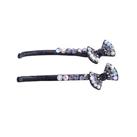 HA482 Black Diamond Crystals & clear Crystals Bow Pin Prom Hair Pin