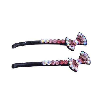 HA484 Party Gift Affordable Hair Pin Fuschia Rose Clear Crystals Bow Hair Pin