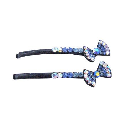 HA483 Aquamarine Clear Crystals Black Hair Pin Bow Fully Embedded Crystals