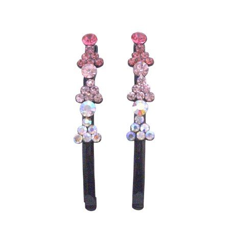 HA478 Fancy Hair Pin w/ Fuschia Rose Clear Crystals Black Pin Fantasy Hair Jewelry Pair