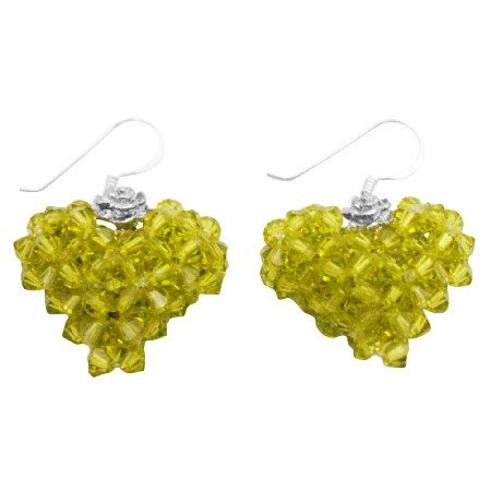 ERC685 Swarovski Crystals Olivine Green Handwoven 3D Puffy Heart Earrings