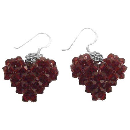ERC689 Beautiful Gift To Your Love One Siam Crystals Puffy Heart Earrings Sterling Silver Hook