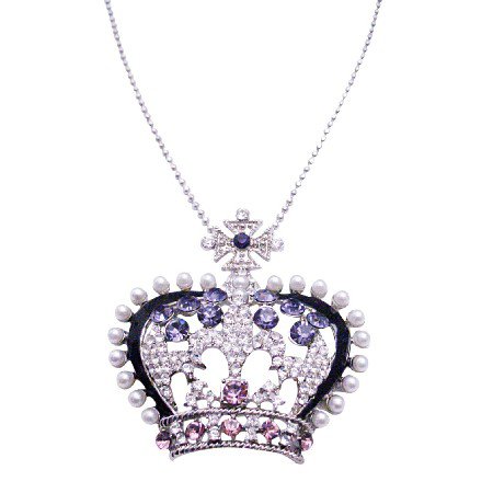 N926 Crown Rhinestones Pendant Long Necklace 26 Inches