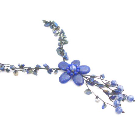 N936 Blue Lapiz Nugget Femine Necklace New Fashion Style Flower Tassel Necklace