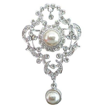 B018 Victorian Antique Style Pin Brooch w/ Pearls Dangling Unique Bridal Pearls Brooch