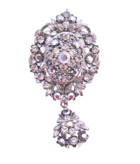 B172 Vintage Black Oxidized Black Diamond Crystals Dangling Brooch w/ Cubic Zircon Brooch