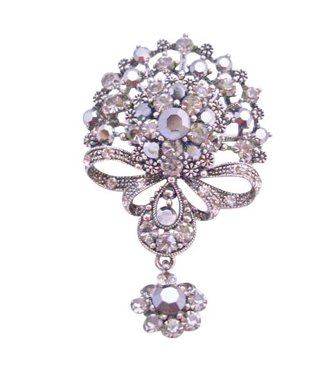 B166 Victorian Style Black Oxidized Black Diamond Crystals Dangling Brooch w/ Cubic Zircon Brooch