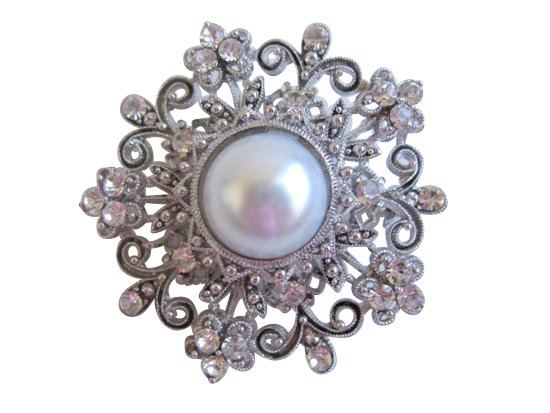 B050 Creative Designer Brooch Round Fully Embedded w/ Simulated Diamond w/ Pearls Center