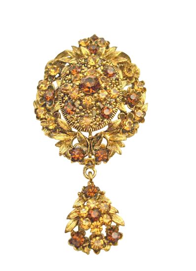 B159 Gold Vintage Style Brooch w/ Smoked Topaz & Lite Smoked Crystals Brooch