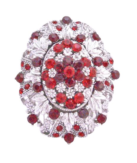 B180 Silver Casting Brooch Decorated w/ Siam Red Crystals Light & Dark Gorgeous Brooch