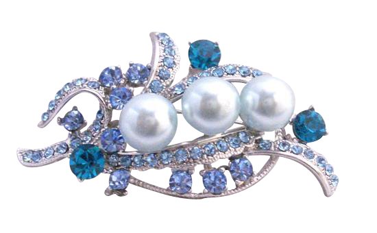 B259 Blue Pearls Brooch Aquamarine Crystals Brooch Silver Brooch Bridal Dress Brooch