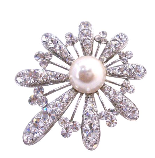 B286 Classically Shaped Fan Flower Brooch Fully Embedded w/ Rhinestones & Pearls At Center