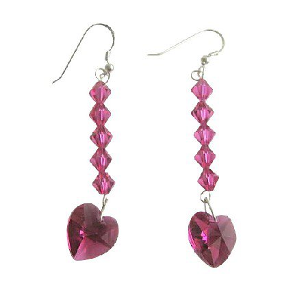 ERC402 Romantic Earrings Fuschia Heart Swarovski Crystals Sterling Silver 92.5 Earrings