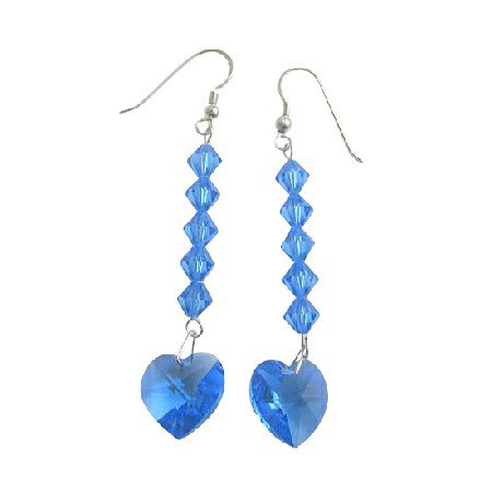 ERC403 Swarovski Crystals Heart Earrings Lite Sapphire Crystals Beads Dangling Earrings