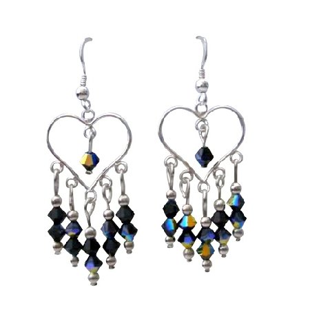 ERC270 Sterling Silver Heart Earrings w/ Genuine AB Jet Swarovski Crystals Earrings
