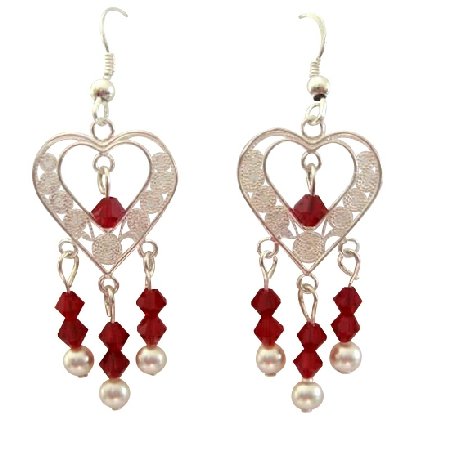 ERC281 Heart Silver Chandelier w/ Siam Red Crystals & White Pearls & Sterling Silver Earrings