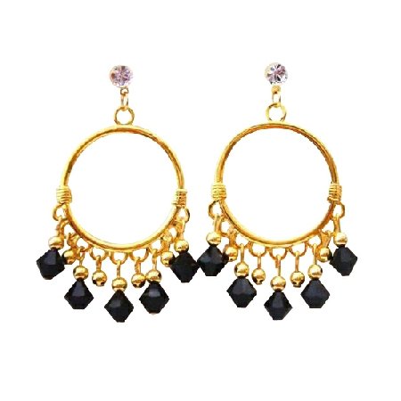 ERC325 Black Jet Swarovski Crystals Chandelier 22k Gold Plated Chandelier Earrings