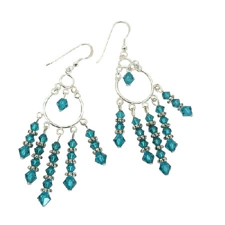 ERC255 Blue Zircon Crystals Chandelier Earrings w/ Genuine Sterling Silver & Swarovski Crystals