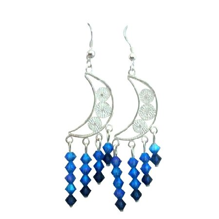ERC171 Sterling Silver 92.5 Half Moon Chandelier Earrings w/ Sapphire AB 2 X Beautiful Earrings