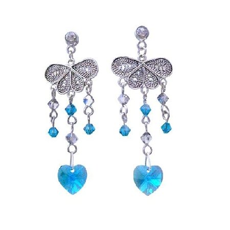 ERC233 Heart Dangling Blue Zircon Swarovski Crystals Sterling 92.5 Silver Chandelier Earrings