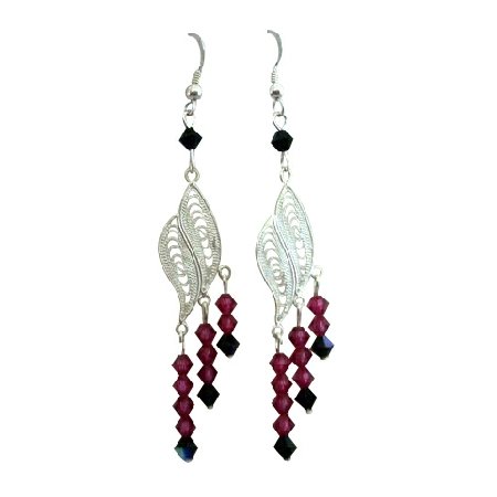 ERC174 Swarovski Fuschia & Jet Crystals & Genuine Sterling Silver Leaf Chandelier Earrings