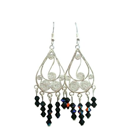 ERC172 Black Crystals Chandelier w/ Genuine Sterling Silver 92.5 Frame Earrings