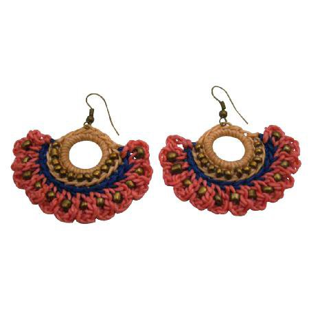 UER512 Hippie Chic Crochet Fan Shaped Earrings Combo Pink Blue And Champagne Color