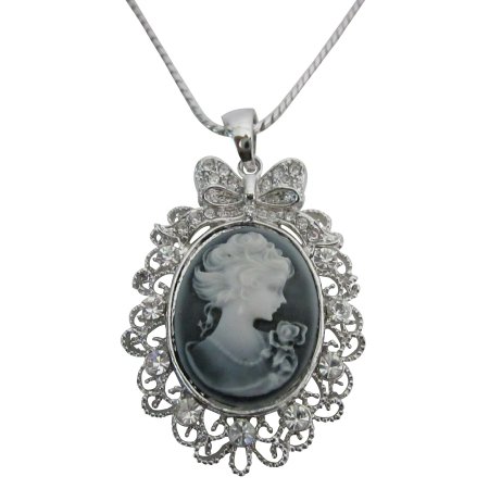 N565 Victorian Cameo Lady Pendant Necklace Sparkling Silver Casting Frame w/ CZ Surrounded Necklace