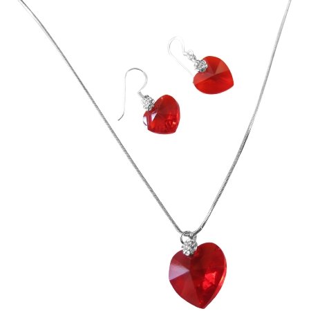 NSC518 Lite Swarovski Siam Red Crystals Heart & Earrings Genuine Swarovski Crystals Heart