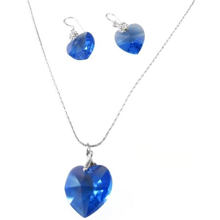 NSC519 Sapphire Heart Romantic Necklace Set Genuine Swarovski Lite Sapphire Heart Crystals